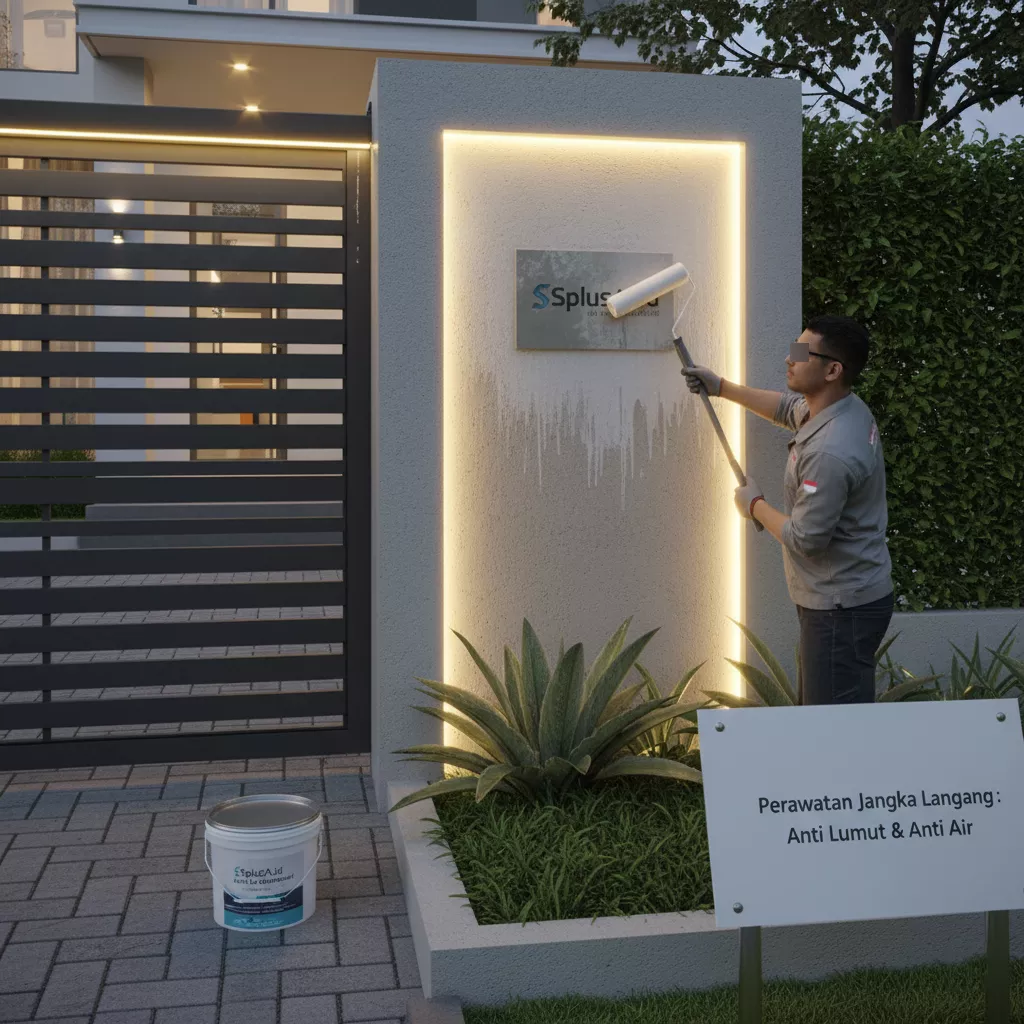 Model pagar beton minimalis terbaru yang modern dan mewah karya SplusA.id, menjadi inspirasi utama untuk desain eksterior rumah-jasa interior splusa.id Proses pelapisan coating anti lumut pada model pagar beton minimalis terbaru untuk perawatan dengan jangka panjang-jasa interior splusa.id