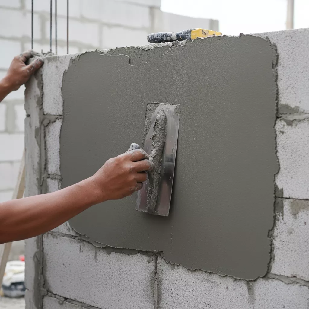 Proses plesteran dinding pagar batako oleh tukang profesional untuk hasil akhir yang rapi dan halus-jasa interior splusa.id