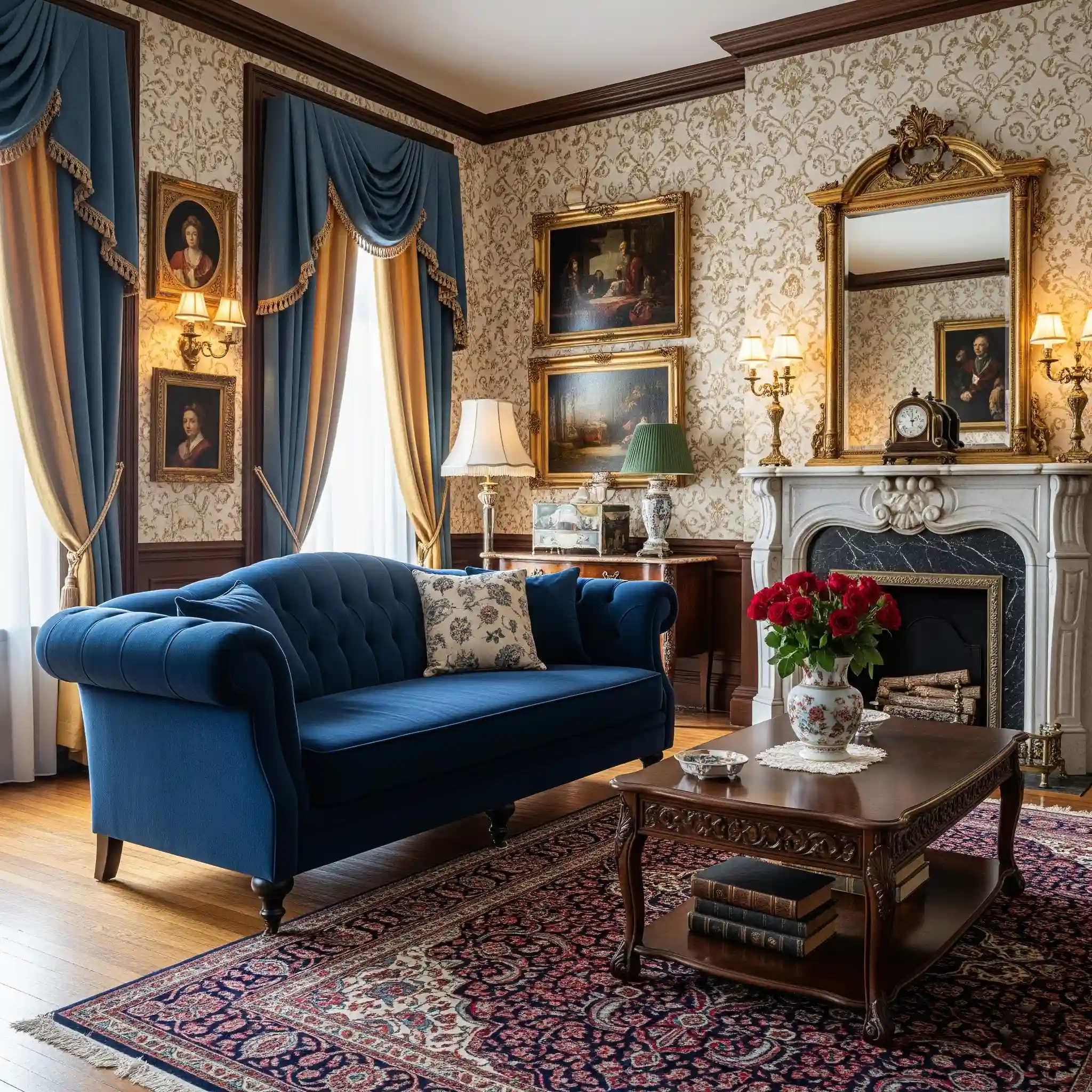 Ruang tamu bergaya klasik Victorian dengan sofa antik biru dan wallpaper bermotif-jasa interior design splusa.id