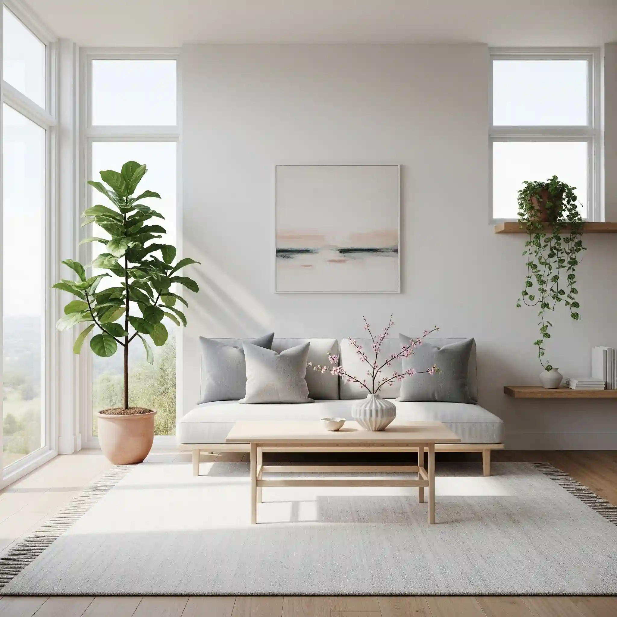 Ruang tamu minimalis modern dengan sofa abu-abu, karpet hangat, dan jendela besar dengan pencahayaan alami-jasa interior design splusa.id