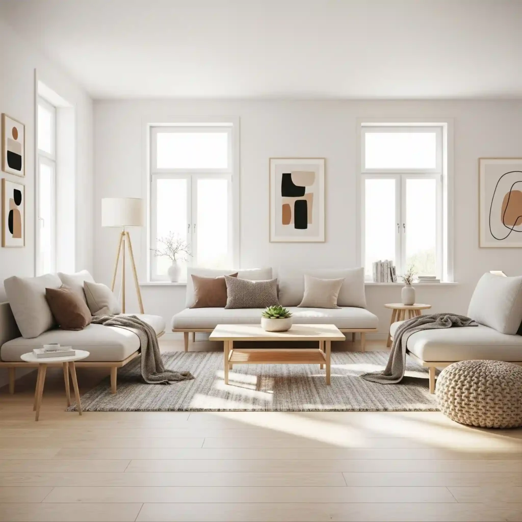 Ruang tamu minimalis modern dengan sofa netral dan pencahayaan alami-jasa interior design splusa.id