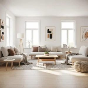 Ruang tamu minimalis modern dengan sofa netral dan pencahayaan alami-jasa interior design splusa.id