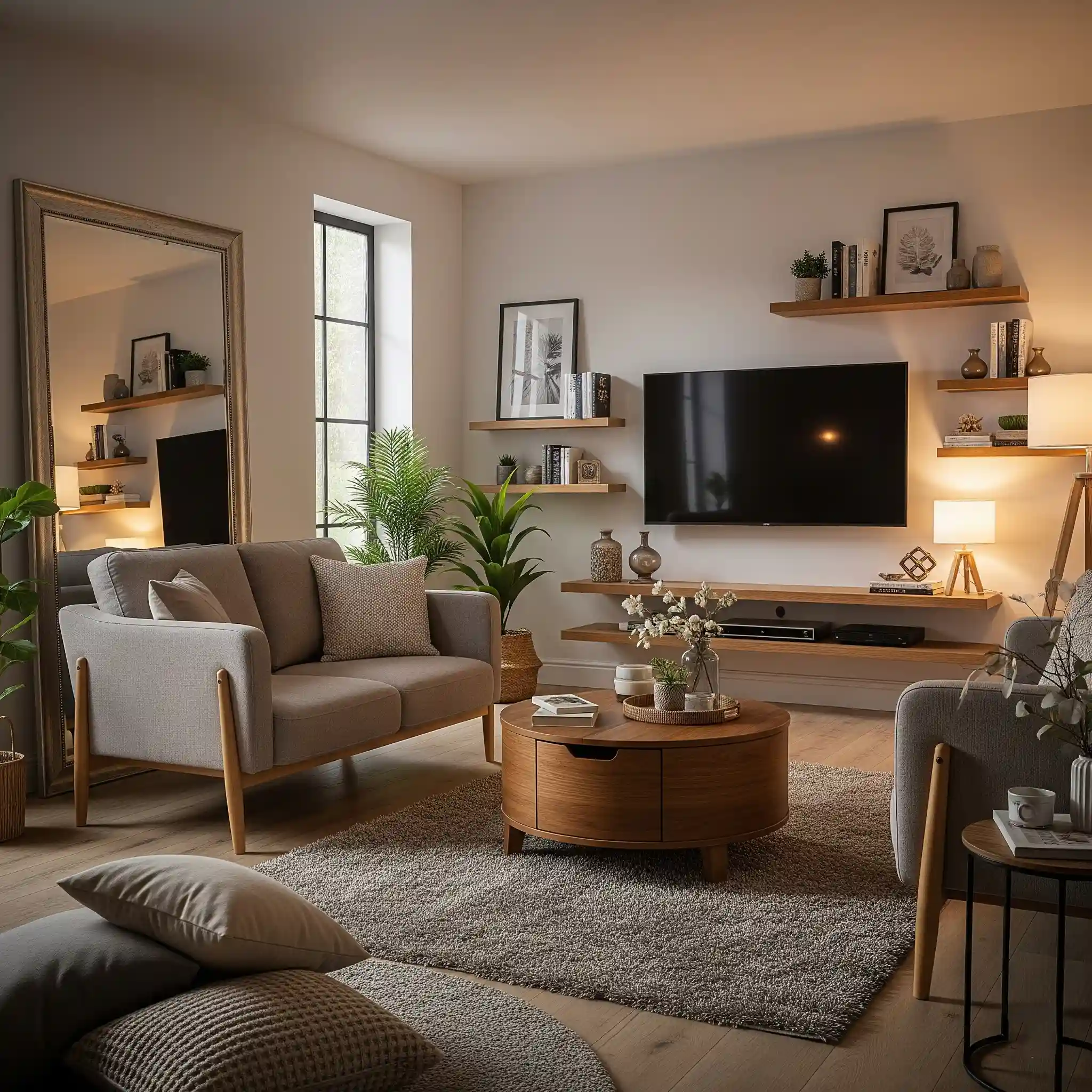 Ruang tamu minimalis rumah type 40 dengan furnitur berkaki dan multifungsi untuk ilusi ruang lebih luas Ruang tamu minimalis rumah type 40 dengan furnitur berkaki dan multifungsi untuk ilusi ruang lebih luas