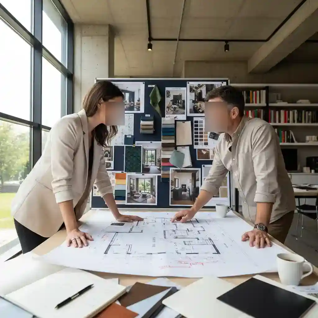Seorang desainer interior sedang berdiskusi dengan klien di atas denah dan mood board-jasa desain interior apartemen splusa.id Seorang desainer interior sedang berdiskusi dengan klien di atas denah dan mood board-jasa desain interior apartemen splusa.id