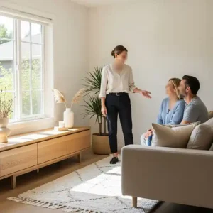 Seorang konsultan desain interior profesional sedang berdiskusi dengan klien di ruang tamu hasil desainnya yang modern dan nyaman-jasa interior splusa.id