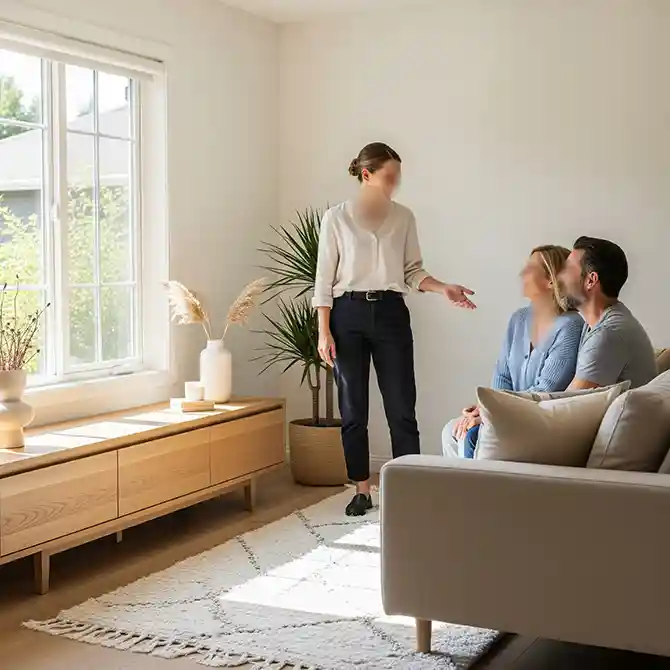 Seorang konsultan desain interior profesional sedang berdiskusi dengan klien di ruang tamu hasil desainnya yang modern dan nyaman-jasa interior splusa.id Seorang konsultan desain interior profesional sedang berdiskusi dengan klien di ruang tamu hasil desainnya yang modern dan nyaman-jasa interior splusa.id
