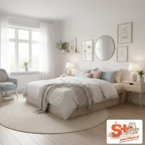Skandinavia (Hygge)-Nuansa cerah dan natural. Perpaduan putih, kayu muda, dan aksen warna pastel-jasa desain kamar tidur splusa.id