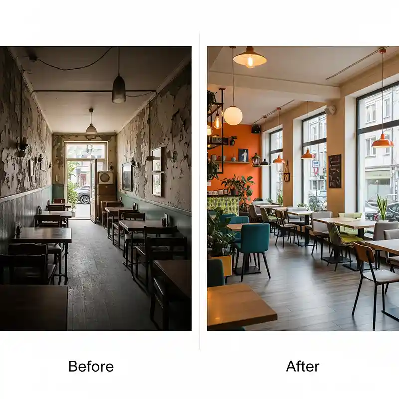 Studi kasus before-after dari jasa desain interior cafe profesional SplusA.id Studi kasus before-after dari jasa desain interior cafe profesional SplusA.id
