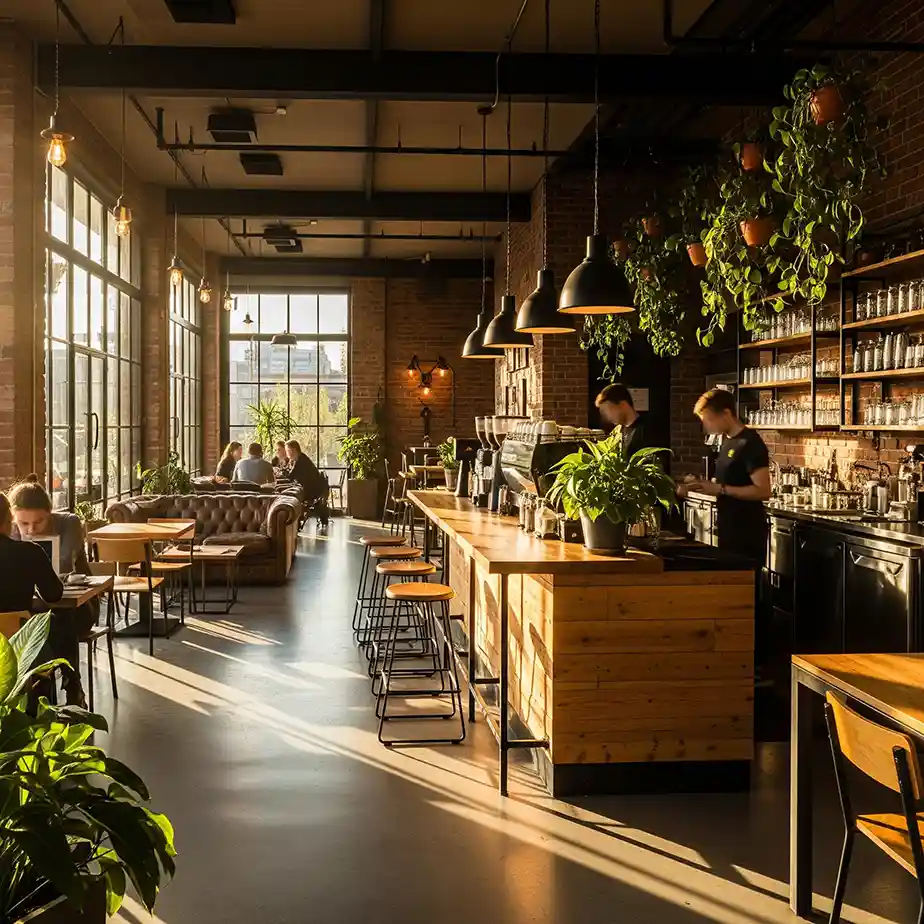 Suasana interior cafe hasil karya jasa desain interior cafe profesional SplusA.id dengan gaya industrial modern yang hangat dan mengundang Suasana interior cafe hasil karya jasa desain interior cafe profesional SplusA.id dengan gaya industrial modern yang hangat dan mengundang