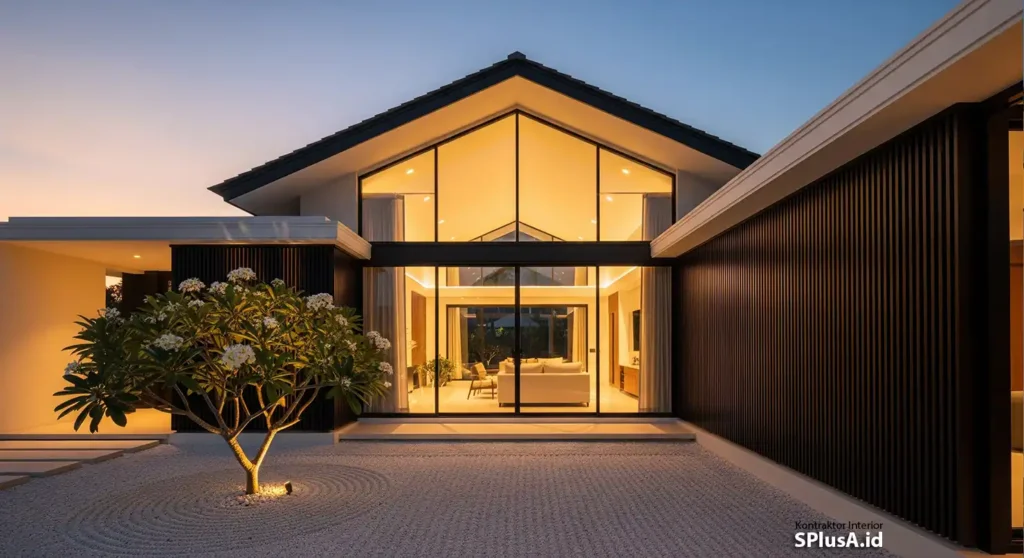 Tampilan eksterior rumah sederhana modern tropis di malam hari dengan pencahayaan hangat dan taman kering, hasil karya dari jasa desain dan kontraktor interior profesional splusa.id