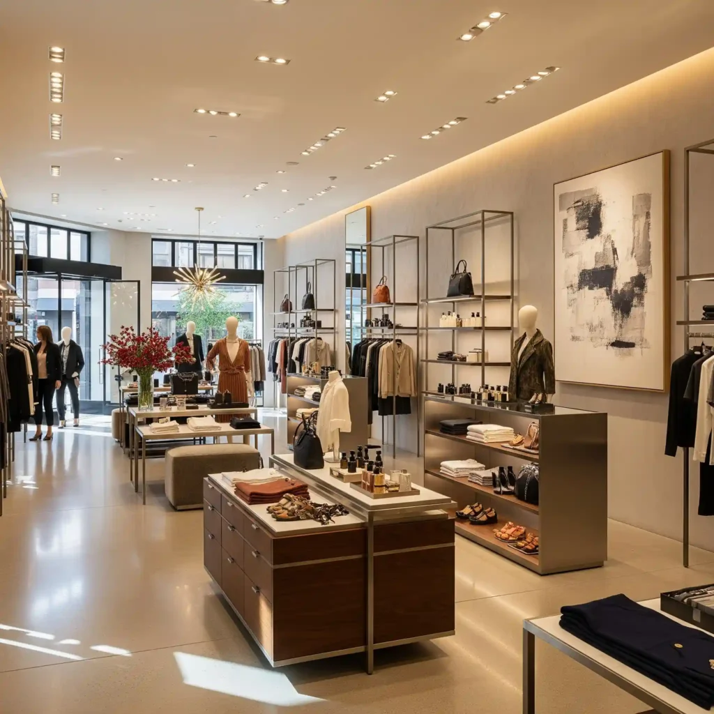 Tampilan interior toko modern dengan desain elegan, pencahayaan hangat, dan penataan produk rapi-jasa desain toko splusa.id