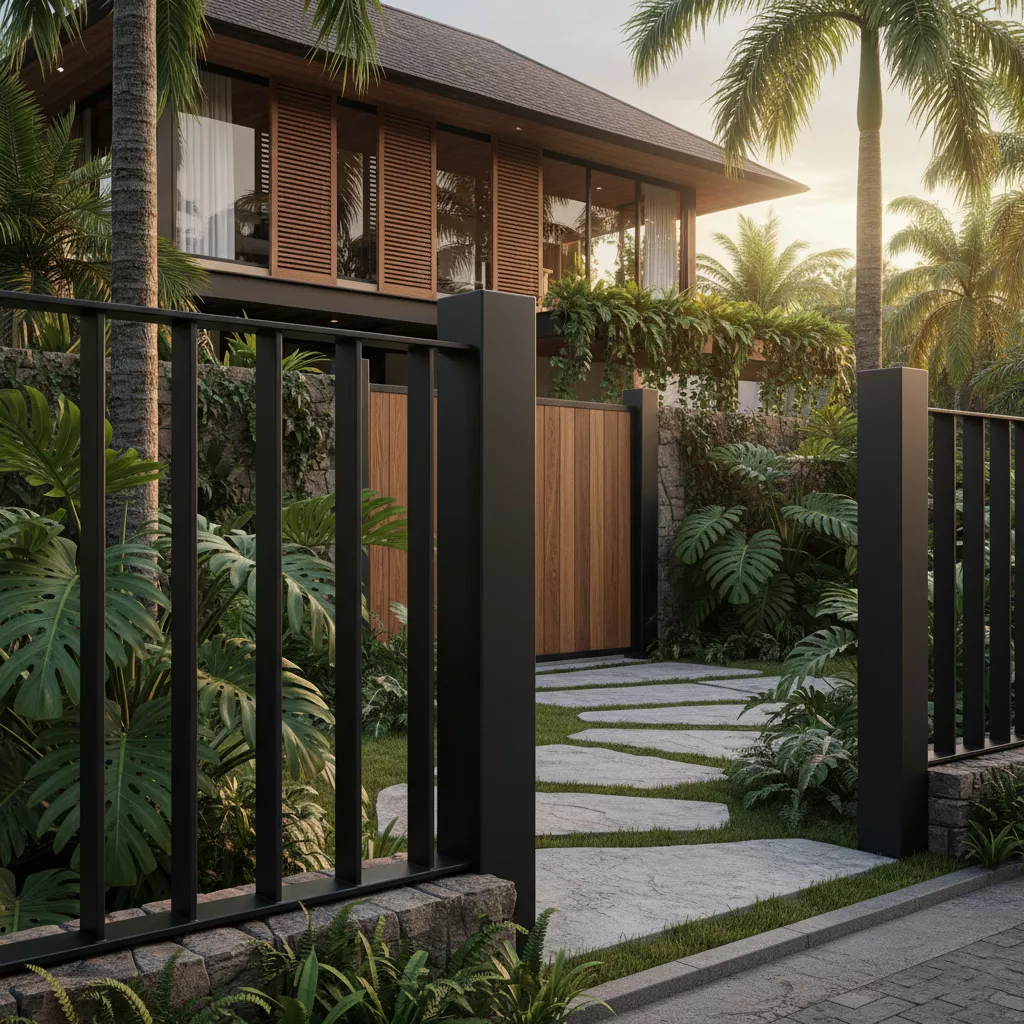 Tiang pagar minimalis modern dari besi hollow hitam matte yang elegan di depan rumah tropis-jasa interior splusa.id Tiang pagar minimalis modern dari besi hollow hitam matte yang elegan di depan rumah tropis-jasa interior splusa.id
