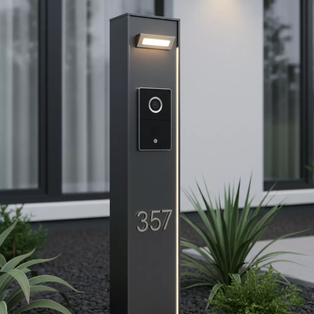 Tiang pagar minimalis modern yang cerdas, menunjukkan integrasi lampu sorot, interkom, dan nomor rumah modern yang elegan-jasa interior splusa.id Tiang pagar minimalis modern yang cerdas, menunjukkan integrasi lampu sorot, interkom, dan nomor rumah modern yang elegan-jasa interior splusa.id