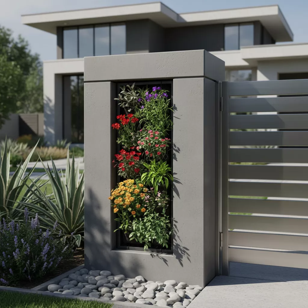 Tiang pagar minimalis terbaru dengan vertical garden hijau-Jasa Arsitek ‪splusa.id