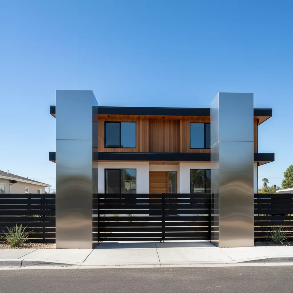 Tiang pagar stainless steel mengkilap yang elegan dan modern minimalis terbaru-Jasa Arsitek ‪splusa.id
