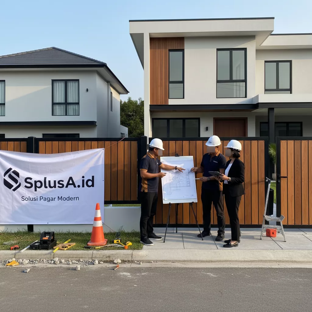 Tim ahli SplusA.id jasa desain interior dan kontraktor mendiskusikan detail pintu pagar rumah minimalis modern-konsultan interior splusa.id