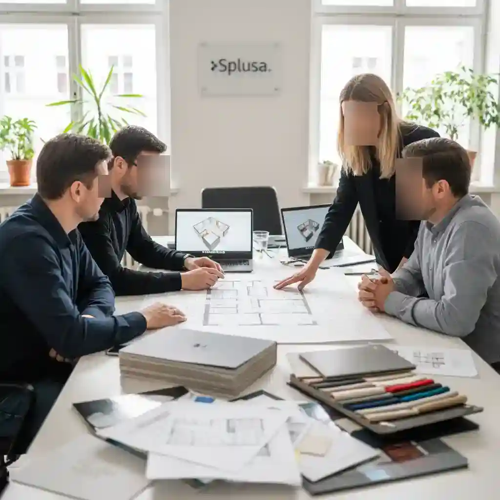 Tim desainer dan kontraktor Splusa sedang berdiskusi dengan klien sambil melihat sketsa dan katalog material-jasa desain interior apartemen splusa.id Tim desainer dan kontraktor Splusa sedang berdiskusi dengan klien sambil melihat sketsa dan katalog material-jasa desain interior apartemen splusa.id