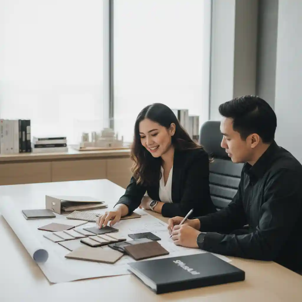 Tim kontraktor interior SplusA.id berdiskusi desain backdrop dengan klien-jasa interior jakarta splusa.id