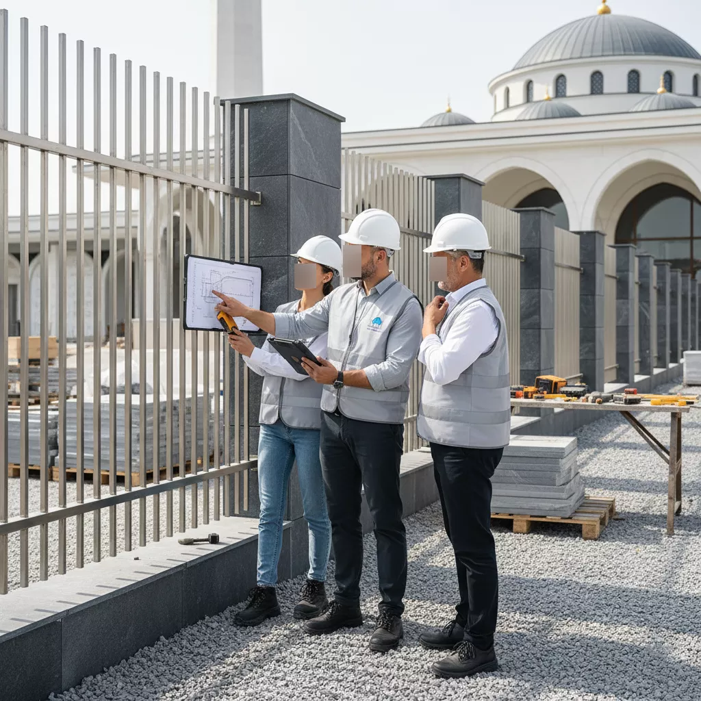 Tim kontraktor profesional SplusA.id sedang melakukan diskusi dan pengukuran di lokasi proyek pembangunan pagar masjid-jasa interior jakarta splusa.id