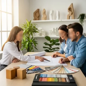 Tim perusahaan desain interior profesional sedang berdiskusi dengan klien mengenai konsep desain ruang impian mereka