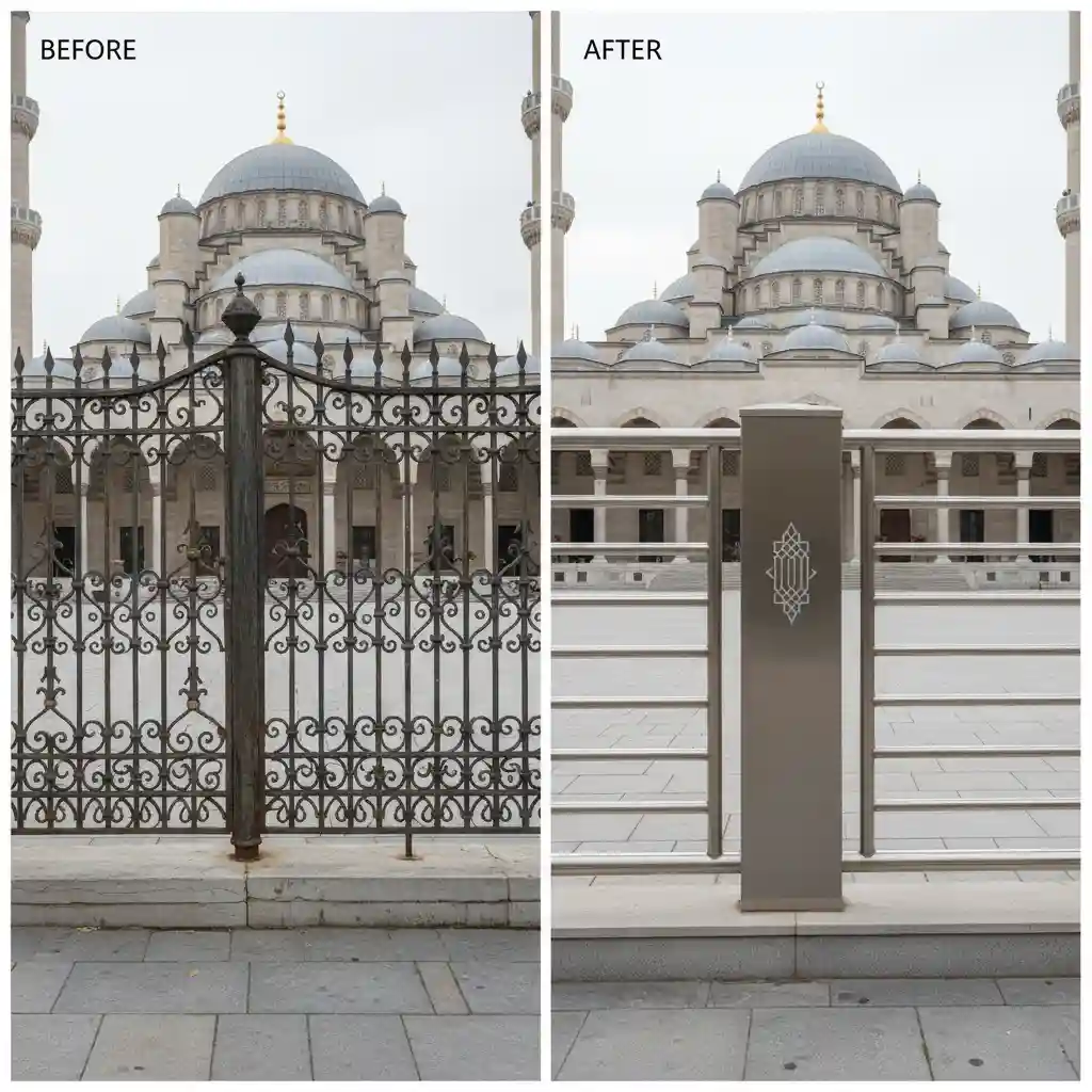 Transformasi before-after pagar masjid dari tradisional ke minimalis modern-interior splusa.id