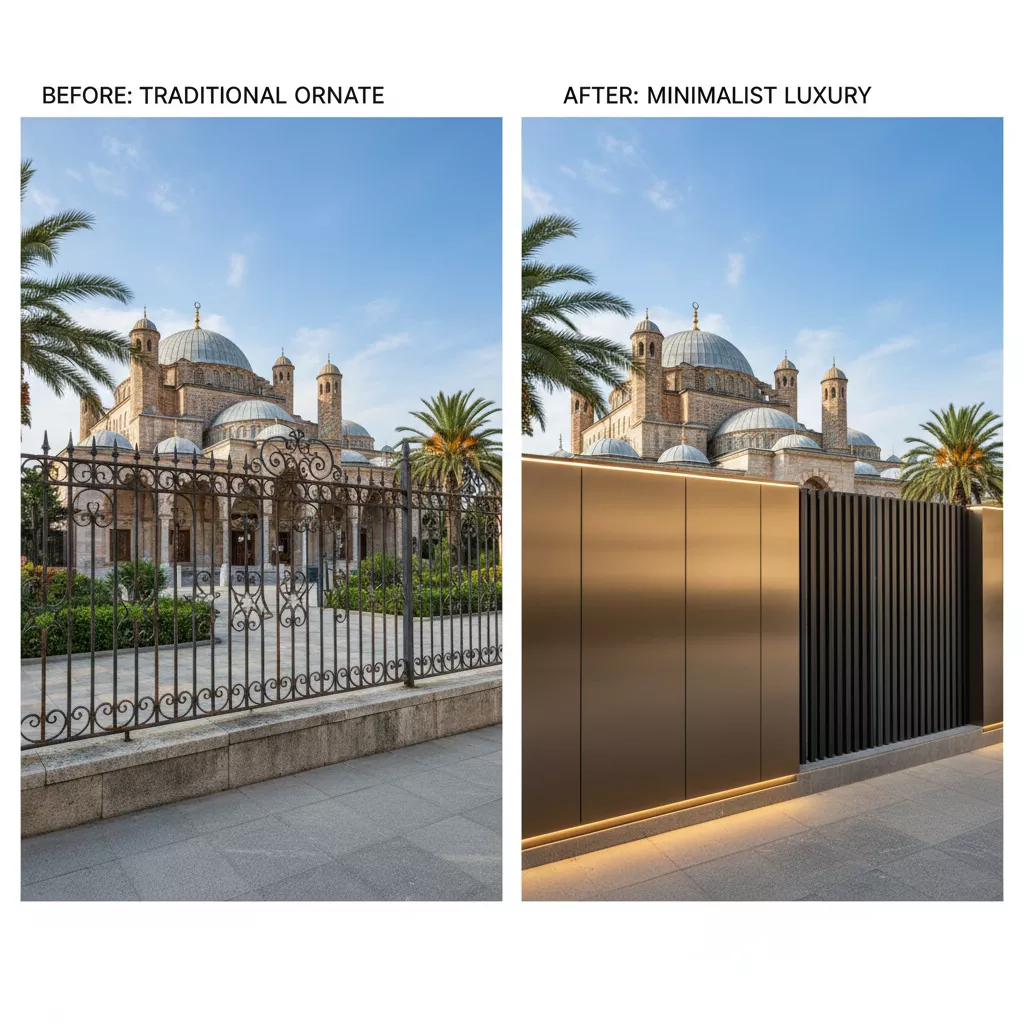 Transformasi before-after pagar masjid dari tradisional ke minimalis modern-jasa interior desain splusa.id