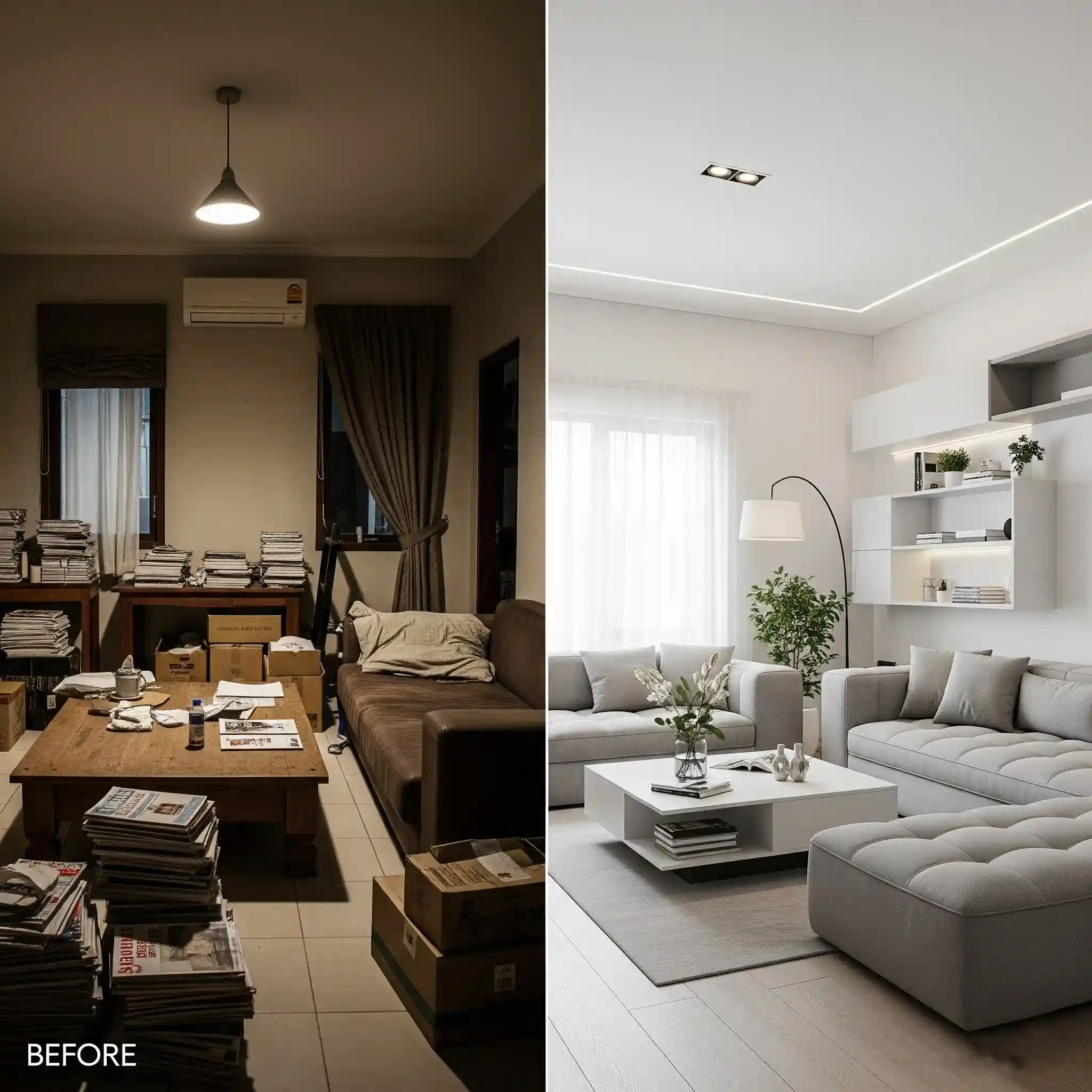 Transformasi desain interior rumah minimalis type 40 oleh SplusA.id, dari sumpek menjadi lega dan fungsional Transformasi desain interior rumah minimalis type 40 oleh SplusA.id, dari sumpek menjadi lega dan fungsional