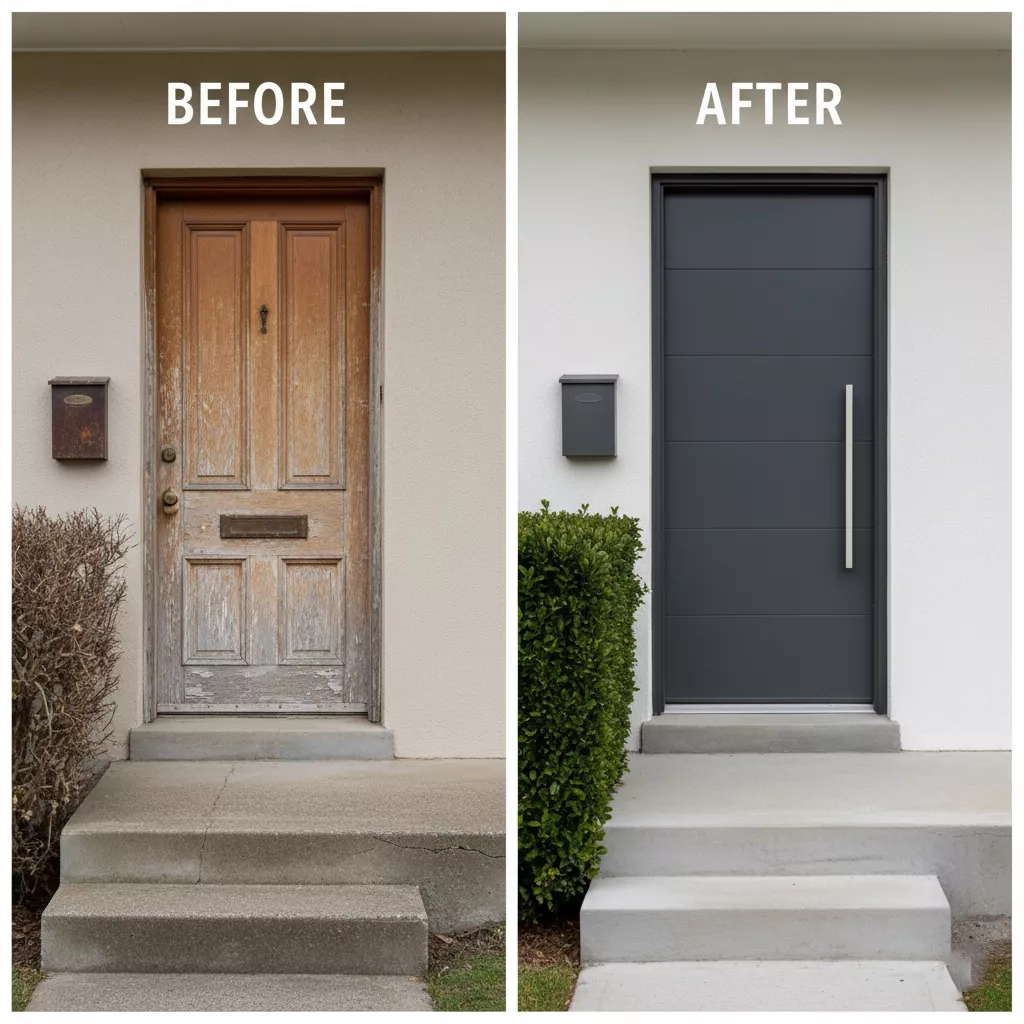 Transformasi fasad rumah sebelum dan sesudah ganti pintu lisplang minimalis-jasa Interior minimalis ‪‪splusa.id