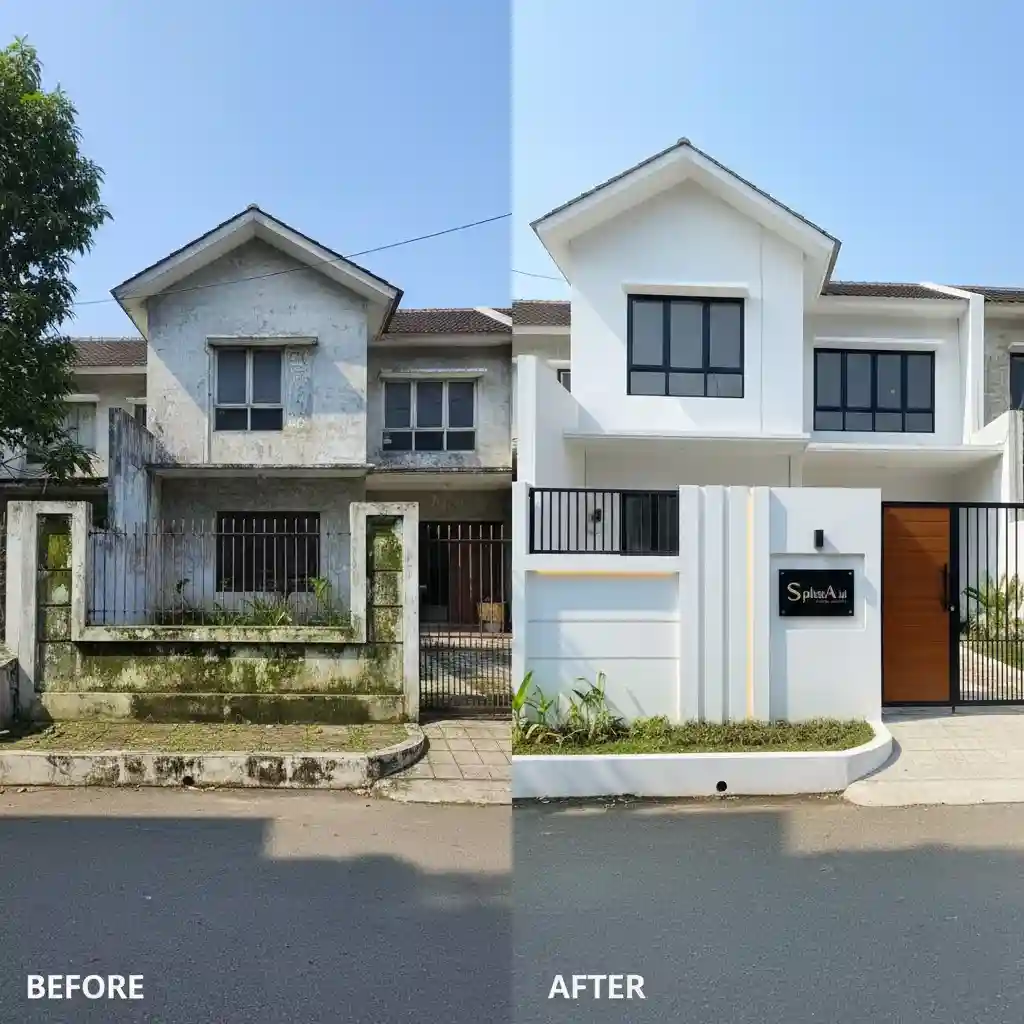 Transformasi pagar rumah sebelum dan sesudah dikerjakan oleh SplusA.id-Jasa Interior Desain splusa.id