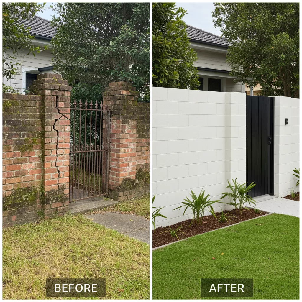 Transformasi pagar rumah sebelum dan sesudah renovasi menggunakan model pagar rumah dari hebel minimalis modern-jasa interior jakarta splusa.id Transformasi pagar rumah sebelum dan sesudah renovasi menggunakan model pagar rumah dari hebel minimalis modern-jasa interior jakarta splusa.id