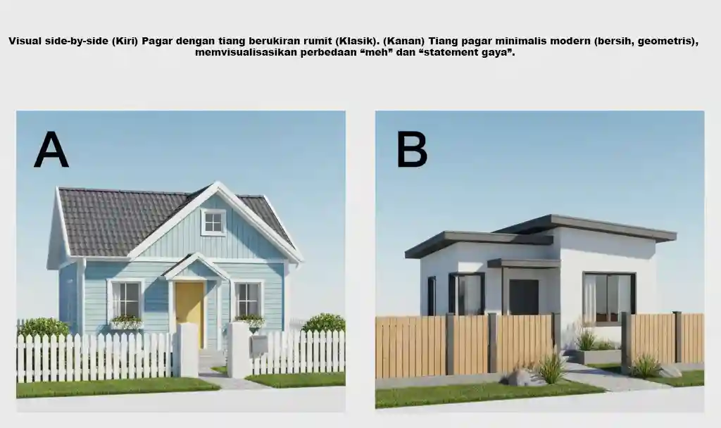 Visual side-by-side Pagar dengan tiang berukiran rumit (Klasik) dan Tiang pagar minimalis modern (bersih, geometris), memvisualisasikan perbedaan “meh” dan “statement gaya”-jasa interior splusa.id Visual side-by-side Pagar dengan tiang berukiran rumit (Klasik) dan Tiang pagar minimalis modern (bersih, geometris), memvisualisasikan perbedaan “meh” dan “statement gaya”-jasa interior splusa.id