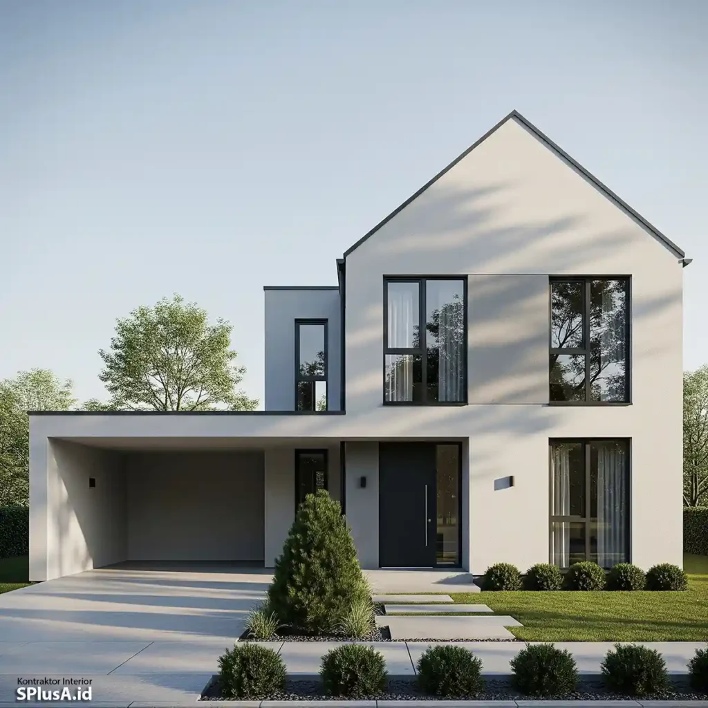 desain 3d rumah minimalis type 36 modern tampak depan dengan fasad geometris, taman depan kecil, dan carport minimalis elegan-splusa.id