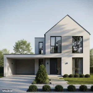 desain 3d rumah minimalis type 36 modern tampak depan dengan fasad geometris, taman depan kecil, dan carport minimalis elegan-splusa.id