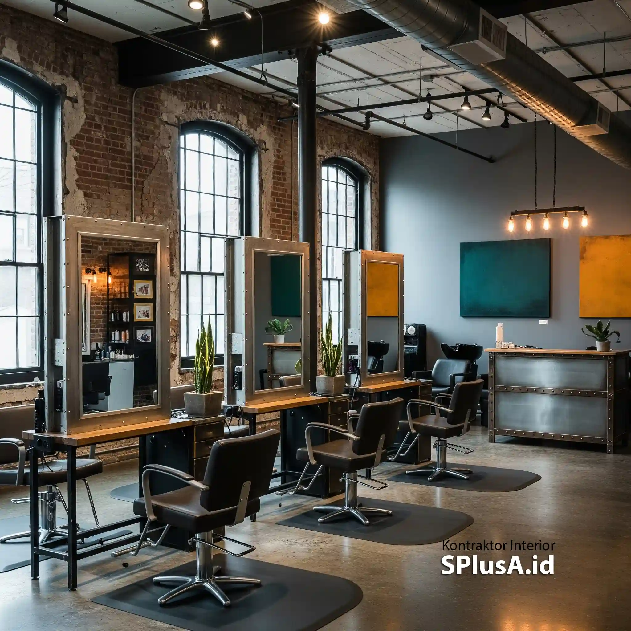 desain interior salon Industrial Chic Dinding bata, pipa terbuka, material besi, warna gelap plus aksen kontras-jasa interior splusa.id desain interior salon Industrial Chic Dinding bata, pipa terbuka, material besi, warna gelap plus aksen kontras-jasa interior splusa.id