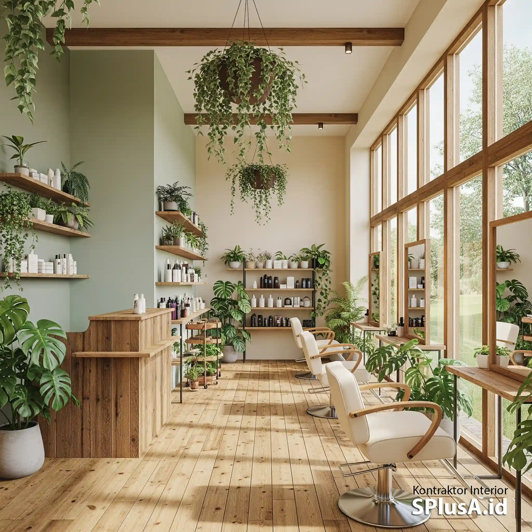desain interior salon Naturalis dan Organik Banyak kayu dan tanaman, warna hijau-krem, bukaan jendela besar untuk cahaya alami-jasa interior splusa.id desain interior salon Naturalis dan Organik Banyak kayu dan tanaman, warna hijau-krem, bukaan jendela besar untuk cahaya alami-jasa interior splusa.id
