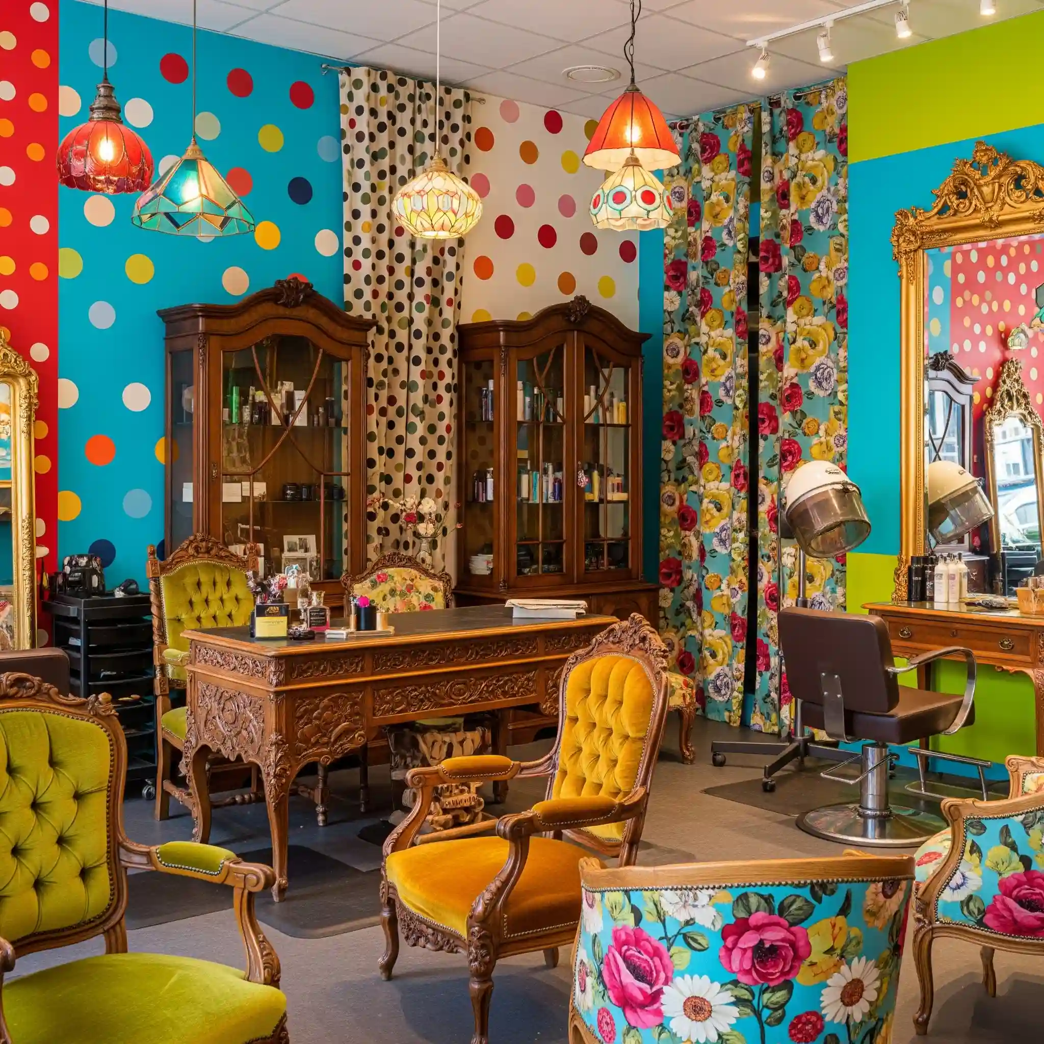 desain interior salon Vintage Retro Furnitur antik, motif klasik (polkadot atau floral), warna cerah, lampu gantung retro-jasa interior splusa.id desain interior salon Vintage Retro Furnitur antik, motif klasik (polkadot atau floral), warna cerah, lampu gantung retro-jasa interior splusa.id