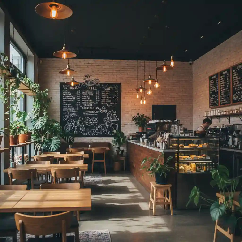 desain interior sebuah café modern dengan meja dan kursi kayu, lampu gantung, papan tulis menu di dinding, serta dekorasi tanaman hijau-jasa desain interior splusa.id