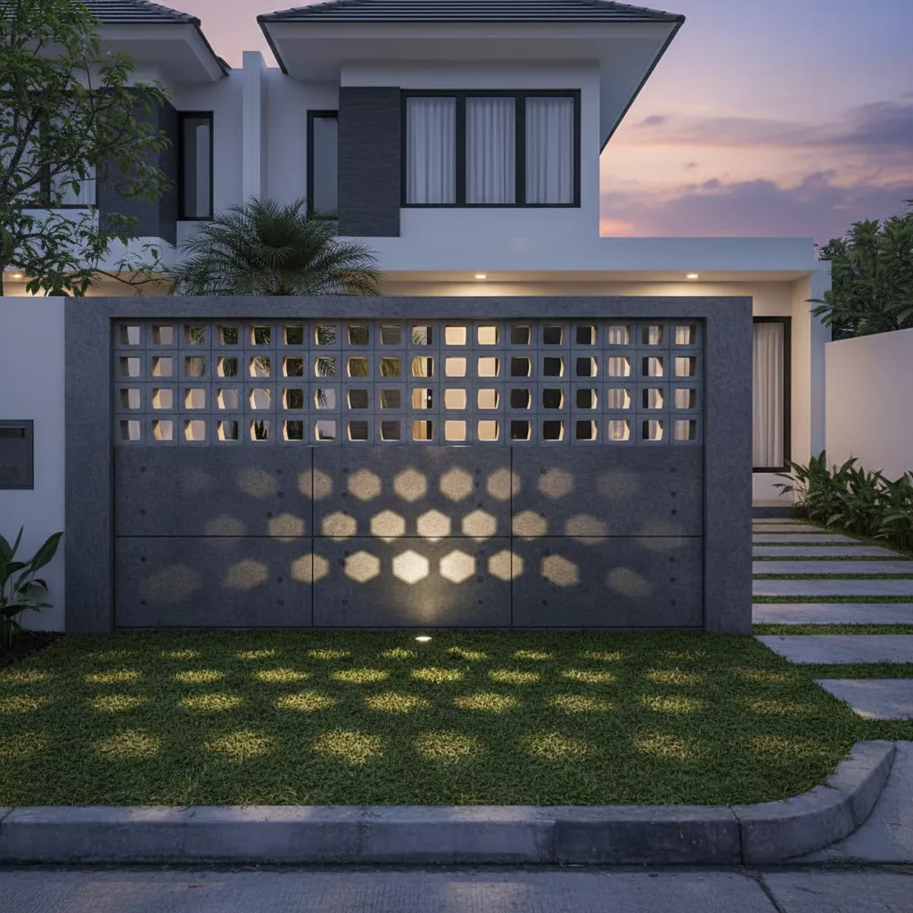 desain pagar beton minimalis modern yang menggunakan roster (ventilasi block) untuk sirkulasi udara dan menciptakan pola bayangan artistik-jasa interior splusa.id