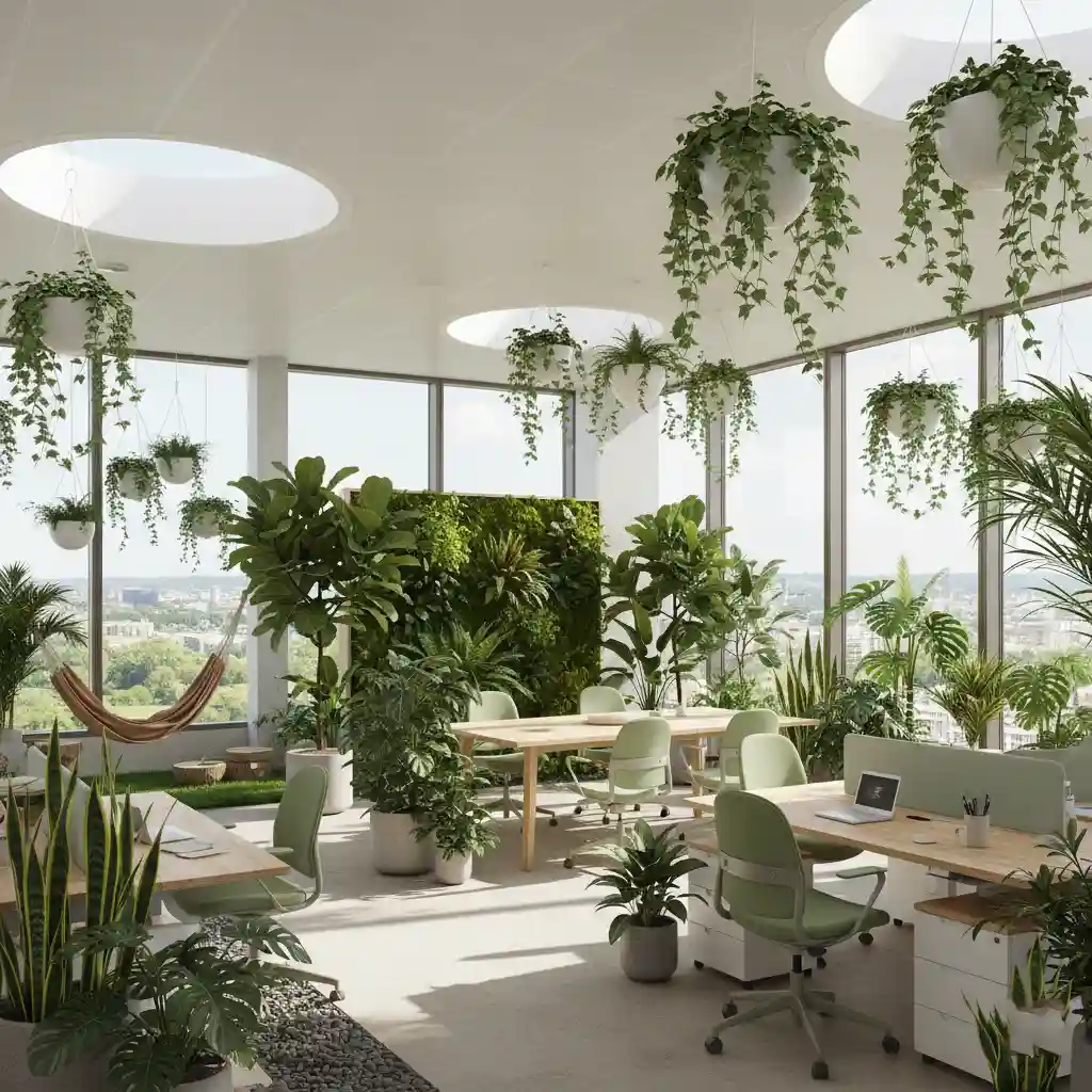 jasa desain interior kantor Biophilic-banyak tanaman indoor, pencahayaan alami-splusa.id jasa desain interior kantor Biophilic-banyak tanaman indoor, pencahayaan alami-splusa.id