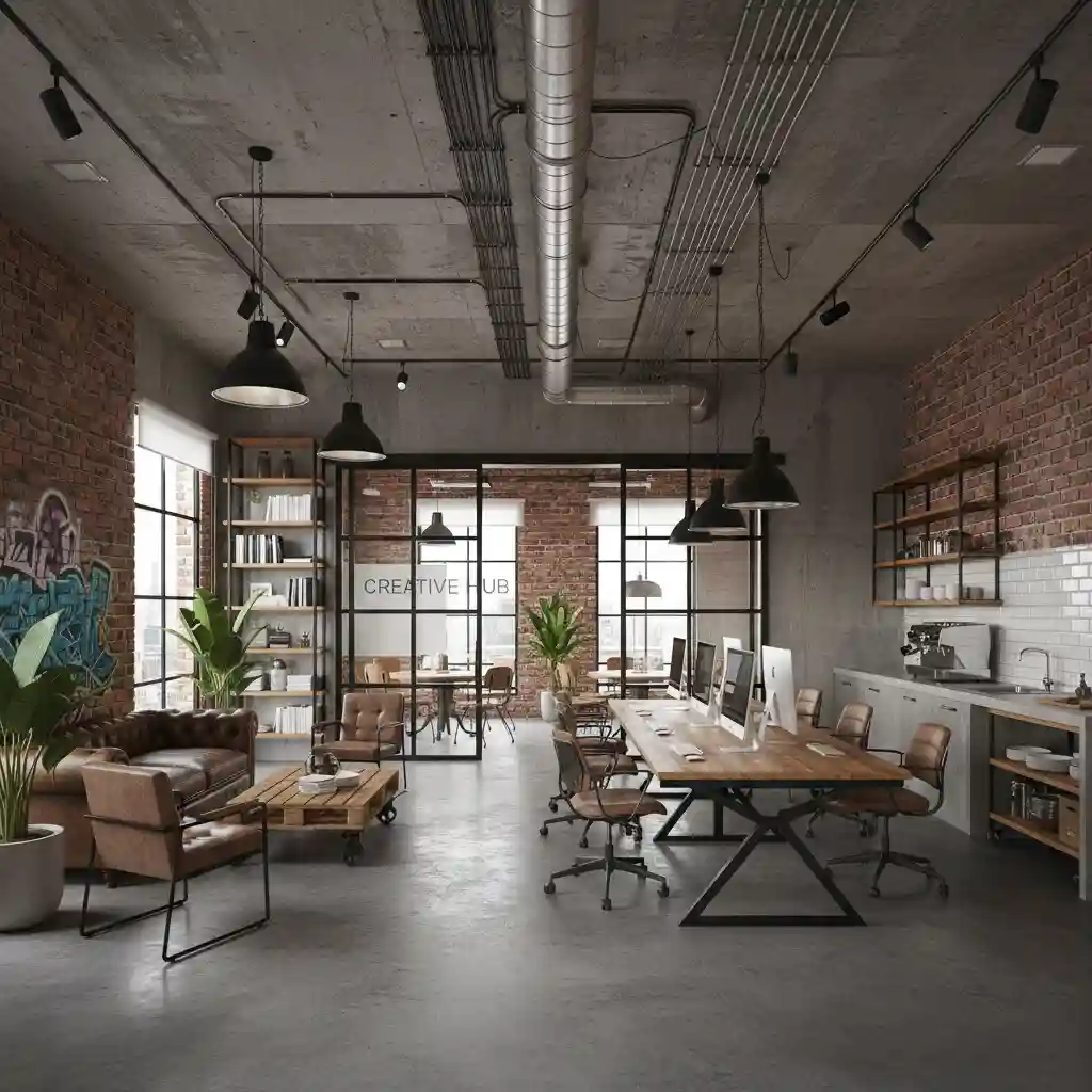 jasa desain interior kantor Industrial-expose beton, bata, dan pipa. Cocok buat agensi kreatif-splusa.id jasa desain interior kantor Industrial-expose beton, bata, dan pipa. Cocok buat agensi kreatif-splusa.id