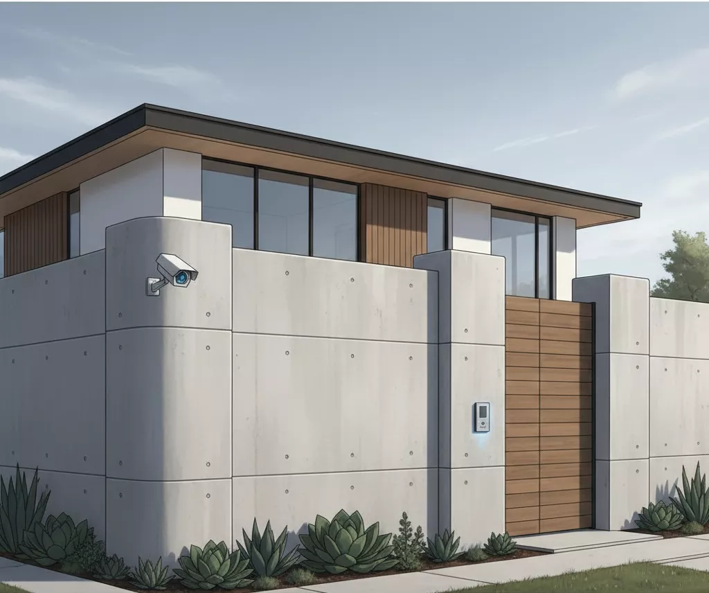 konseptual yang menunjukkan pagar beton minmalis modern sebagai tameng utama dan simbol keamanan serta privasi rumah minimalis modern-jasa interior splusa.id konseptual yang menunjukkan pagar beton minmalis modern sebagai tameng utama dan simbol keamanan serta privasi rumah minimalis modern-jasa interior splusa.id