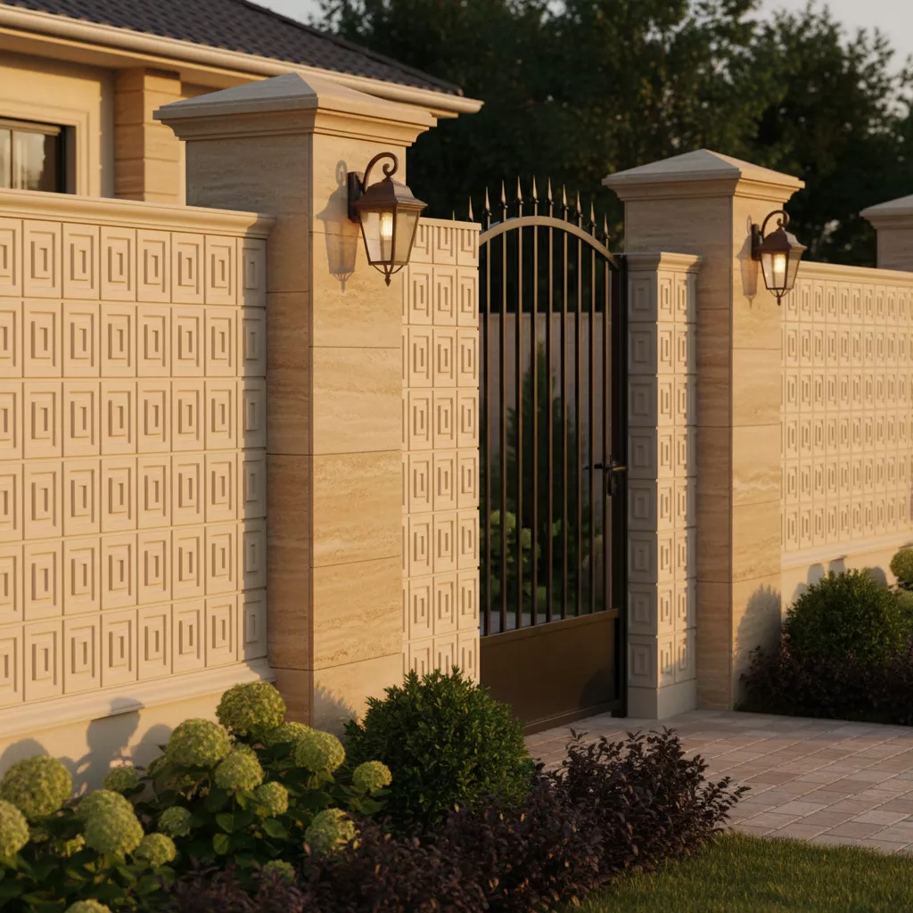 model pagar rumah dari hebel Gaya Klasik Kontemporer dengan Relief Geometris dan Pilar Batu Alam-interior konsultan splusa.id model pagar rumah dari hebel Gaya Klasik Kontemporer dengan Relief Geometris dan Pilar Batu Alam-interior konsultan splusa.id