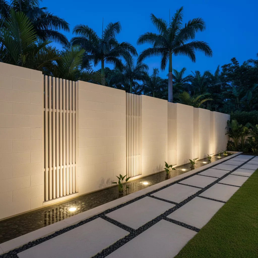 model pagar rumah dari hebel Gaya Resort Mewah dengan Aksen Kisi-kisi Hebel Vertikal dan Kolam Kecil keluarga-interior konsultan splusa.id model pagar rumah dari hebel Gaya Resort Mewah dengan Aksen Kisi-kisi Hebel Vertikal dan Kolam Kecil keluarga-interior konsultan splusa.id
