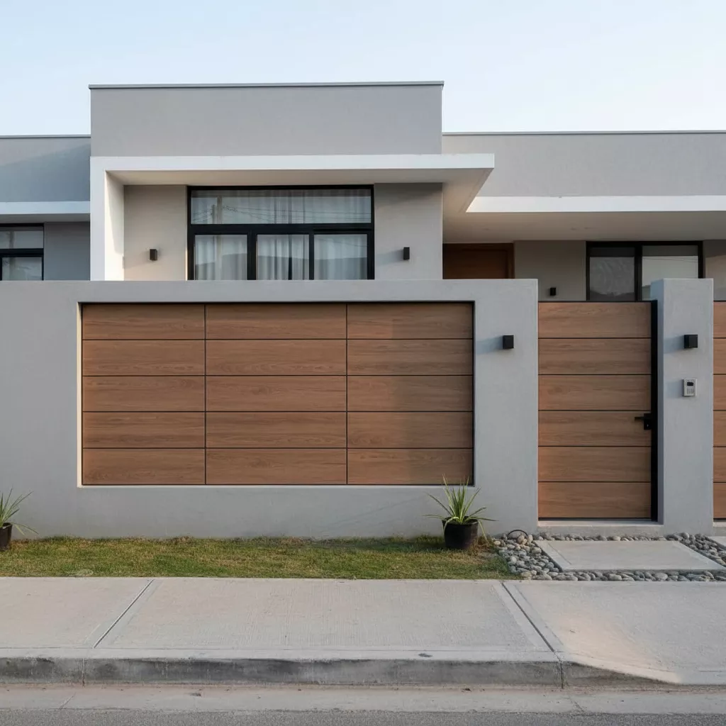 model pagar tembok minimalis terbaru berwarna abu-abu dengan panel GRC bermotif kayu horisontal, memberikan kesan alami dan hangat pada eksterior rumah-jasa furniture interior ‪splusa.id