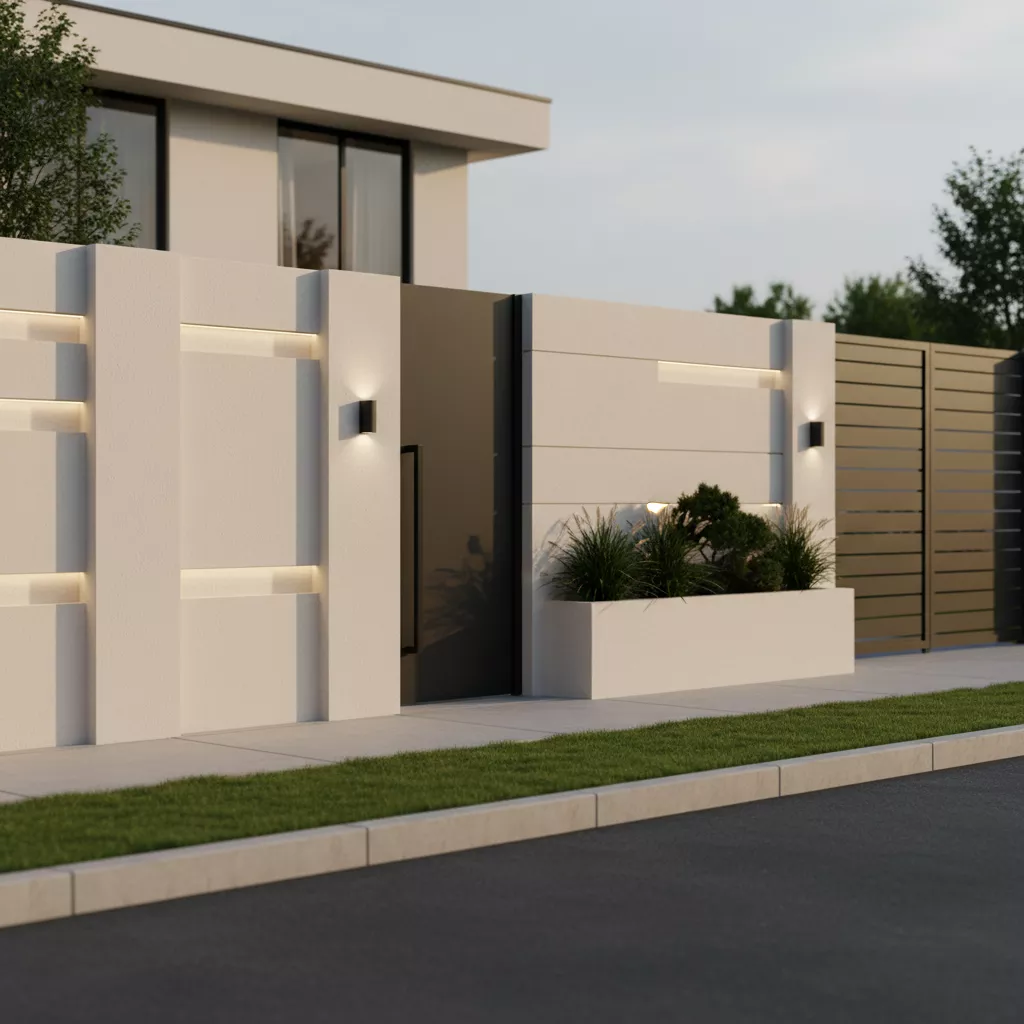 model pagar tembok minimalis terbaru sederhana dengan desain plesteran polos berwarna terang, ideal untuk rumah dengan gaya efisien dan fungsional-jasa furniture interior ‪splusa.id