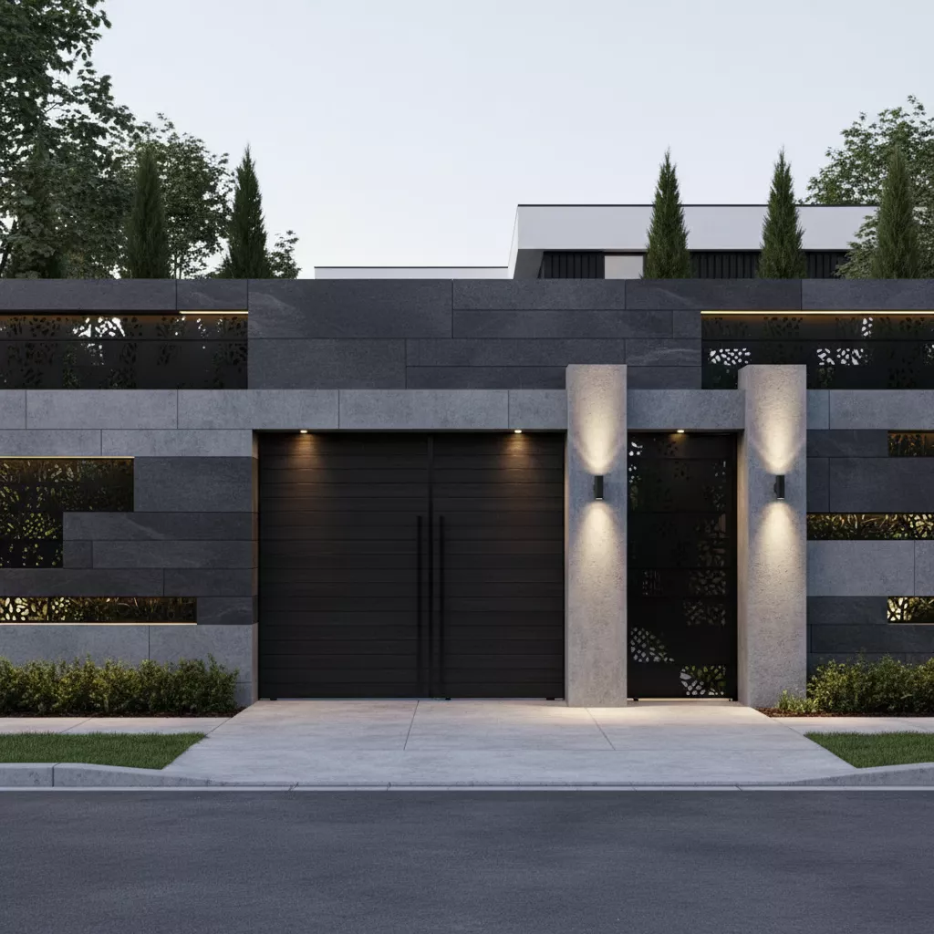 model pagar tembok minimalis terbaru untuk rumah mewah bergaya minimalis, memadukan ketinggian yang imposing dengan ornamen modern dan material berkualitas tinggi-jasa furniture interior ‪splusa.id
