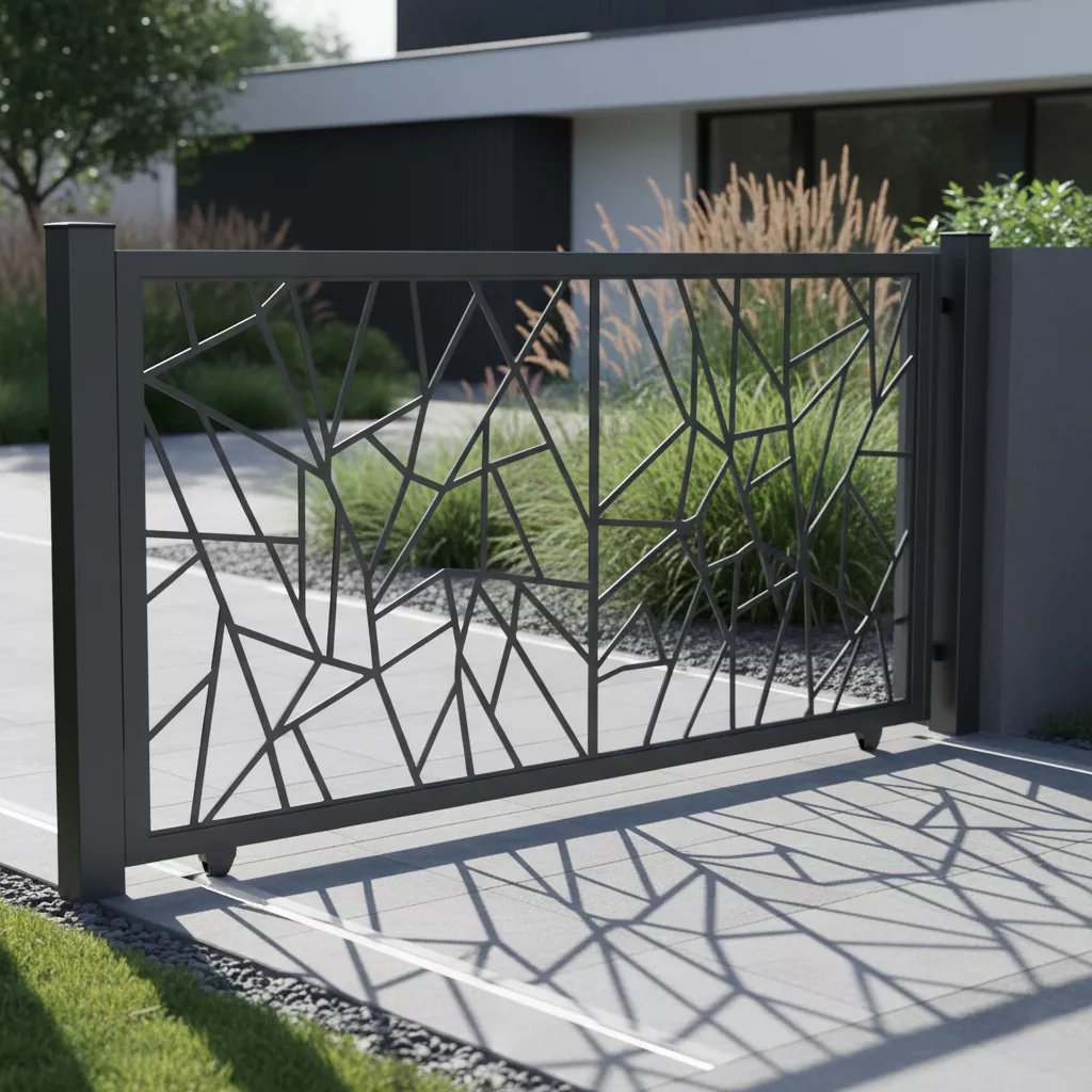 model pintu pagar baja ringan minimalis dengan aksen laser cutting motif geometris yang artistik-jasa interior splusa.id