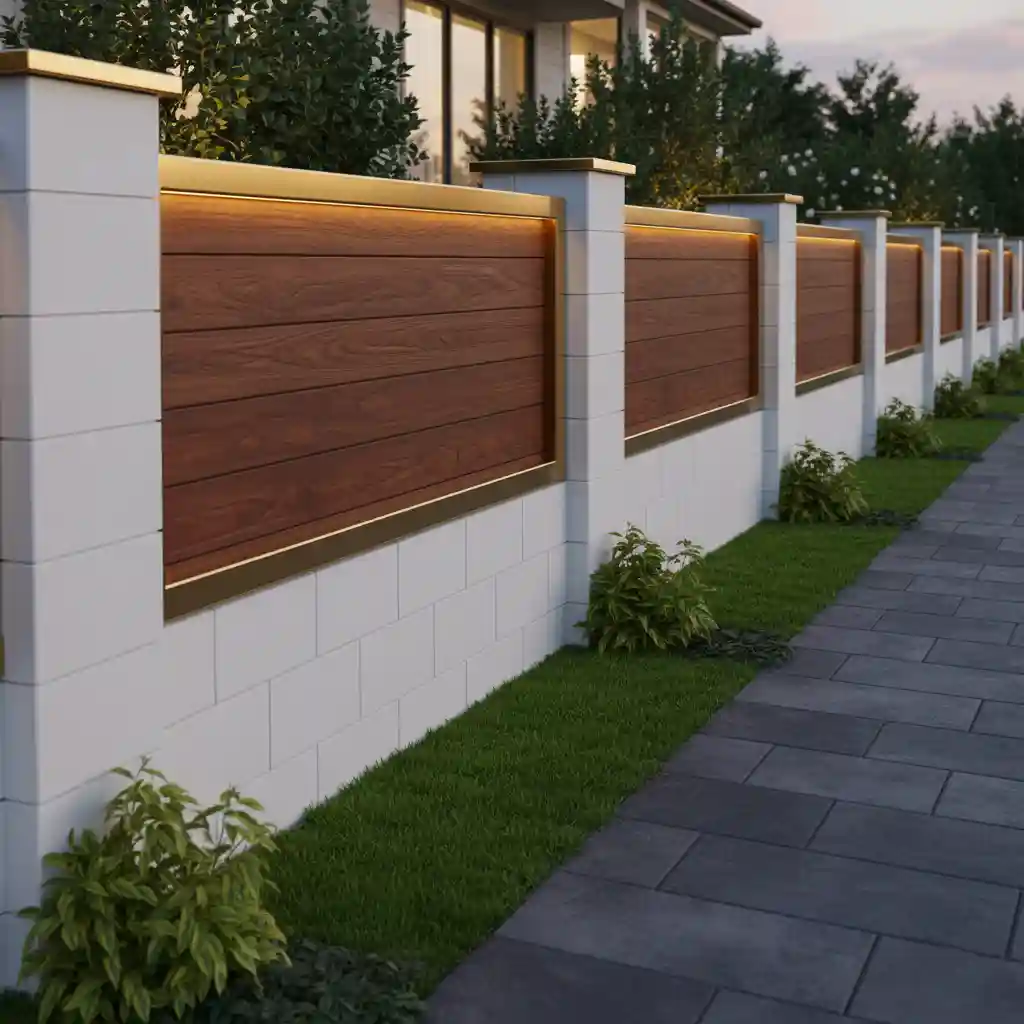 pagar minimalis dari hebel dengan warna putih bersih dengan panel kayu atau WPC (kayu komposit) sebagai aksen agar terlihat mewah-jasa interior splusa.id