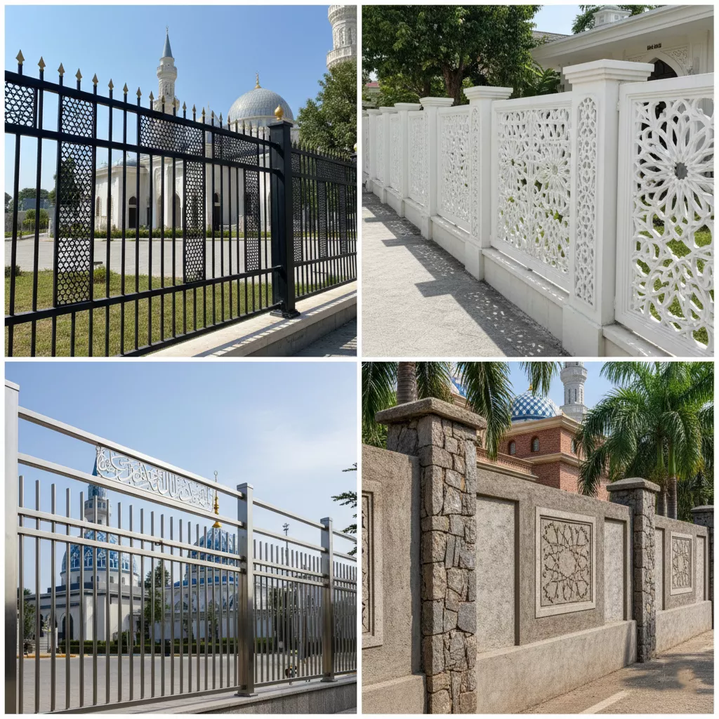perbandingan material pagar masjid sederhana Besi, GRC, Stainless Steel, dan Batu Alam, lengkap dengan kelebihan dan kekurangannya-jasa interior jakarta splusa.id