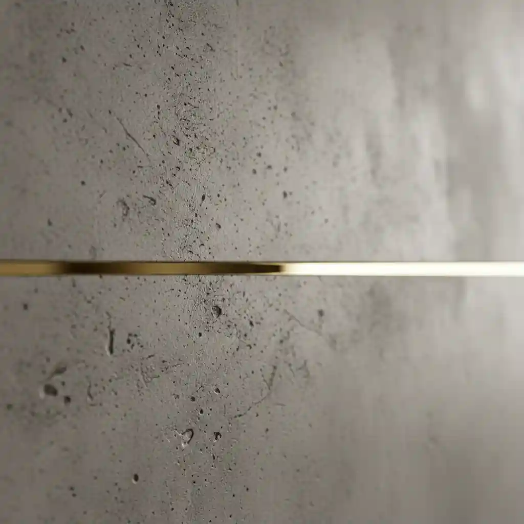 Close up material backdrop HPL motif beton dengan aksen gold mirror untuk kantor minimalis-Backdrop Ruang Rapat Minimalis